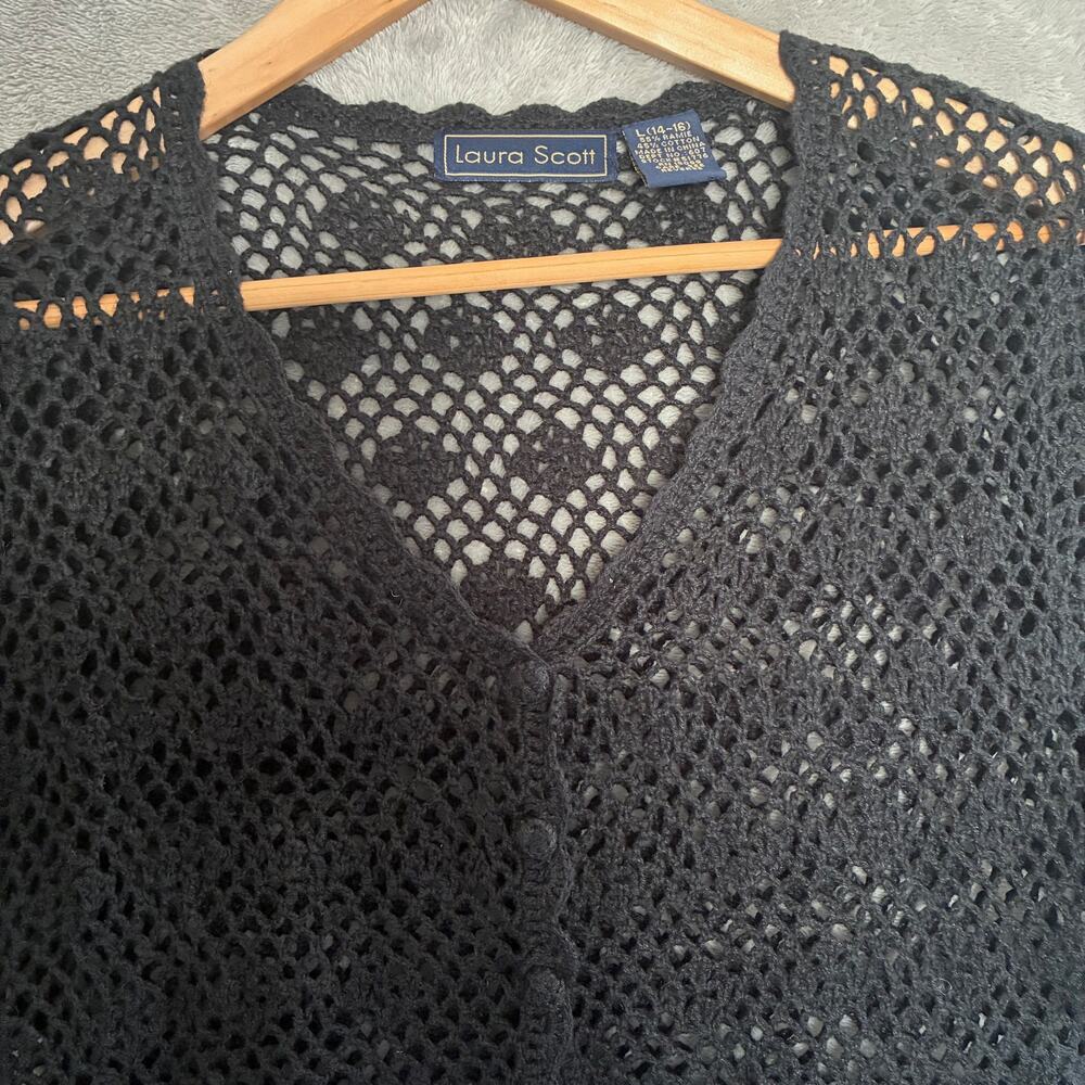Vtg Laura Scott Crochet Cardigan Women L Black Floral Whimsigoth Dark‎ Cottage - Picture 4 of 16